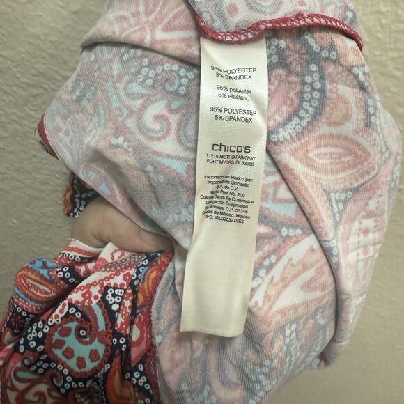 Chico's Size 0 Paisley Tunic Top Blouse Short Sleeve Stretch Orange Pink - Picture 8 of 8